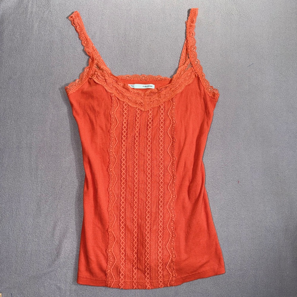 Y2K Orange Lace Trim Ribbed Layering Cami Tank Top Coquette Boho Indie Sleaze